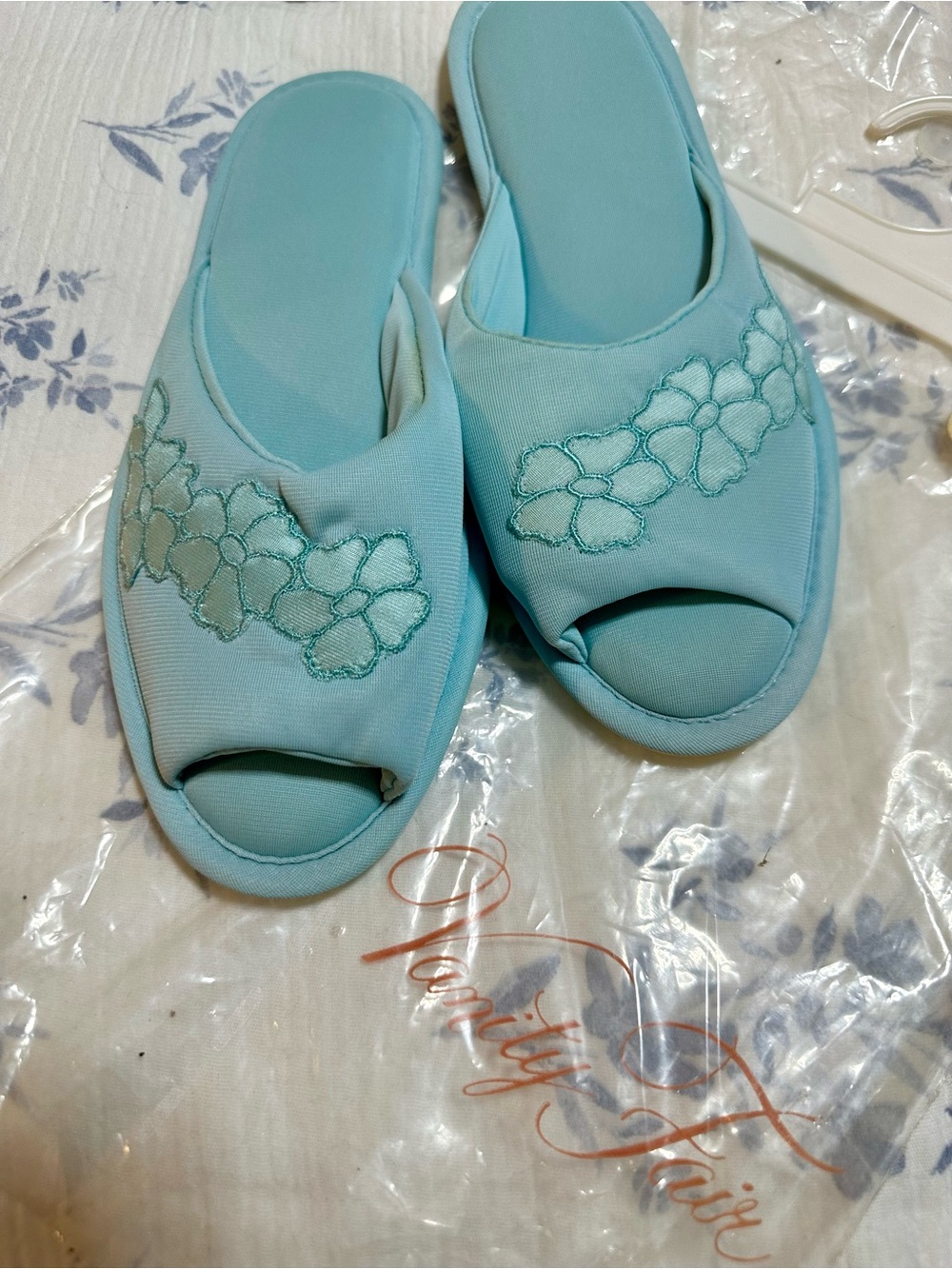 Vintage Vanity Fair Aqua Blue Floral Open-Toe House Slippers